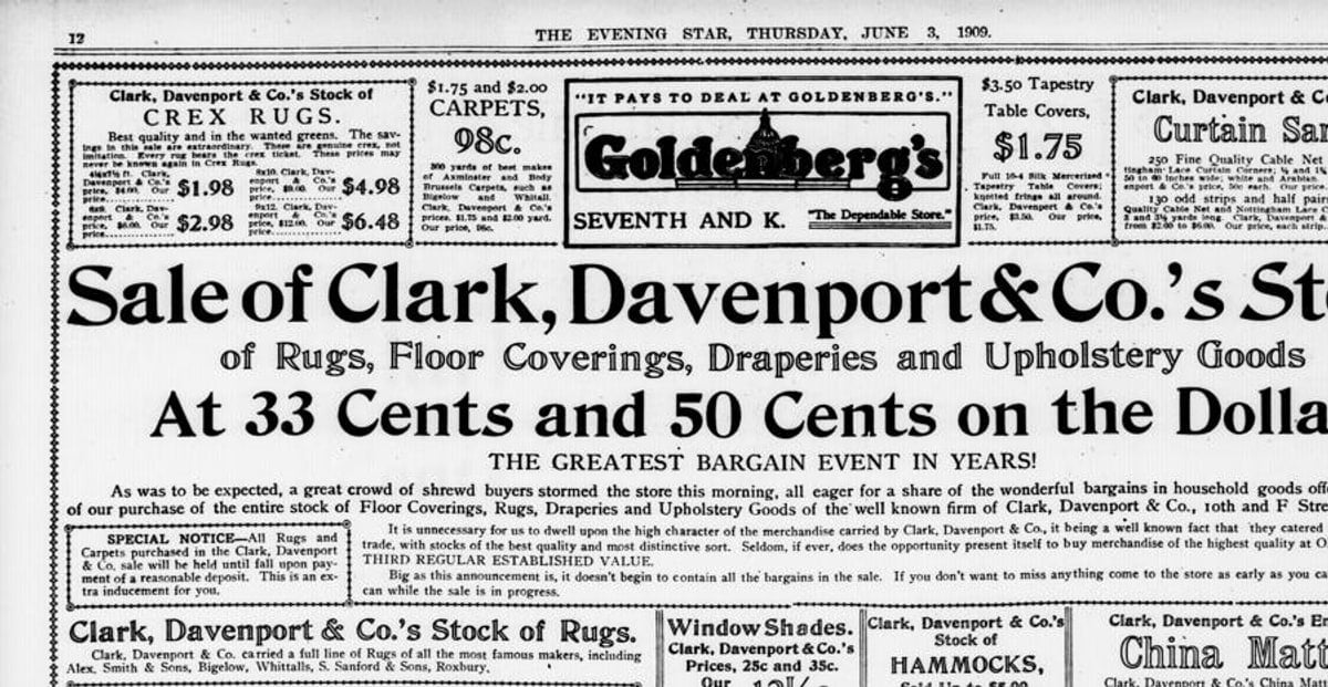 A 1909 page of the Evening Star of Washington D.C., where a family name heads a merchant notice.
