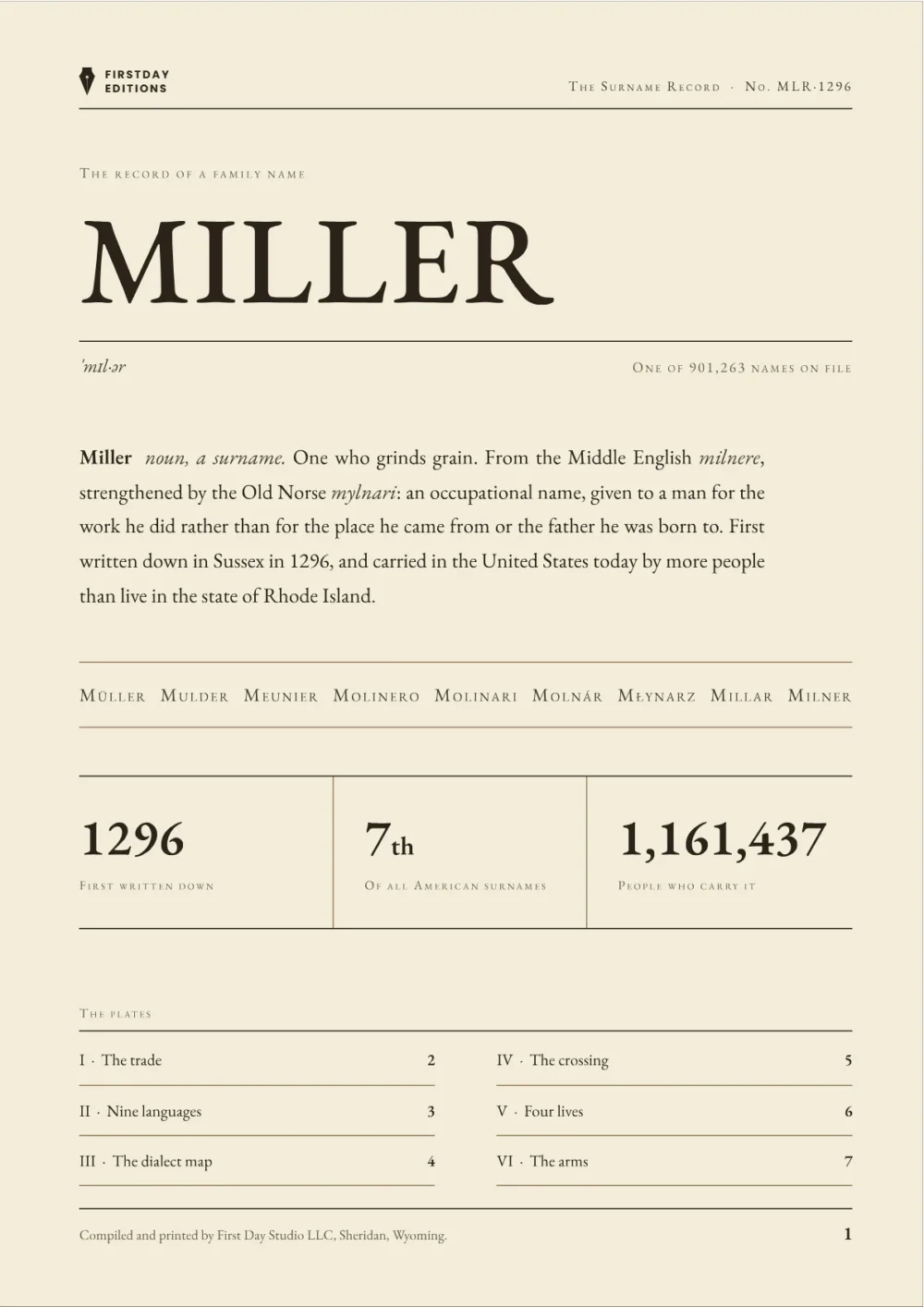 The opening sheet of The Surname Record, showing the name, its meaning and the index of plates